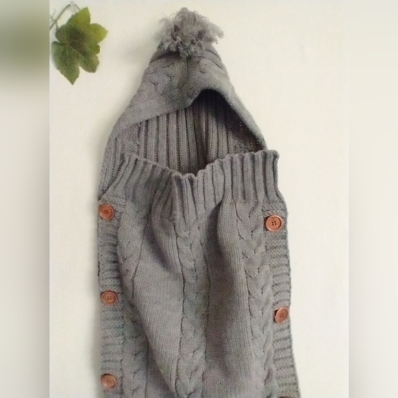 Newborn Baby Swaddle Blanket Knit Classic Preppy Cozy With Hood Gray - Picture 6 of 10